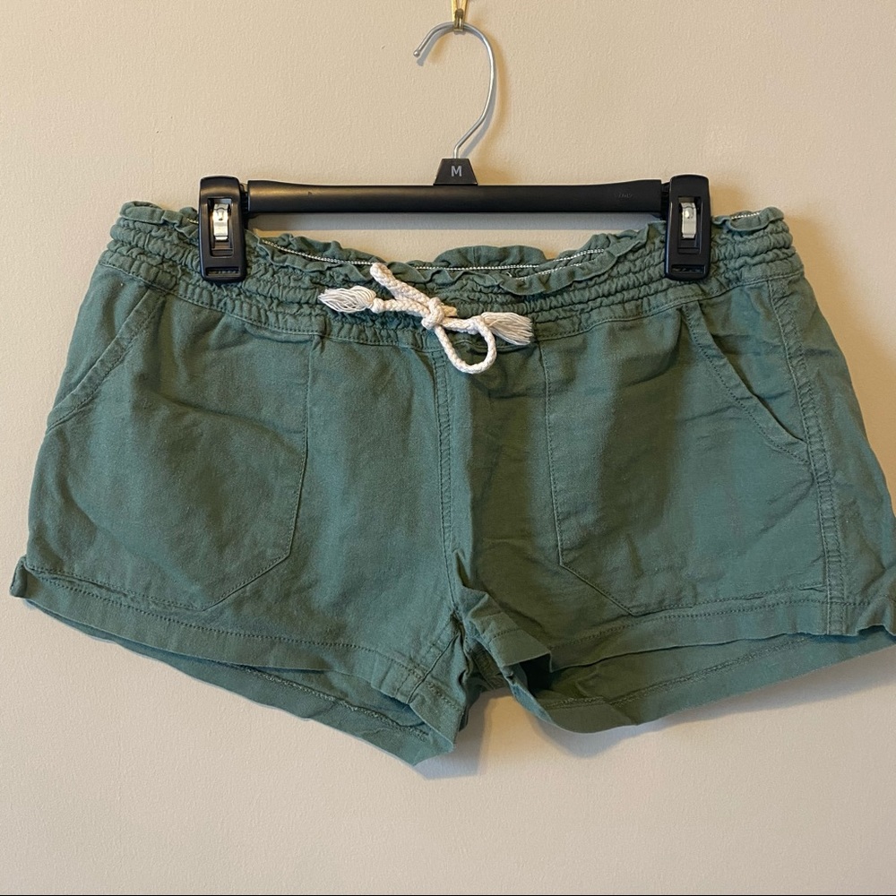 Army Green Tie Elastic Waist Large Pocket Shorts